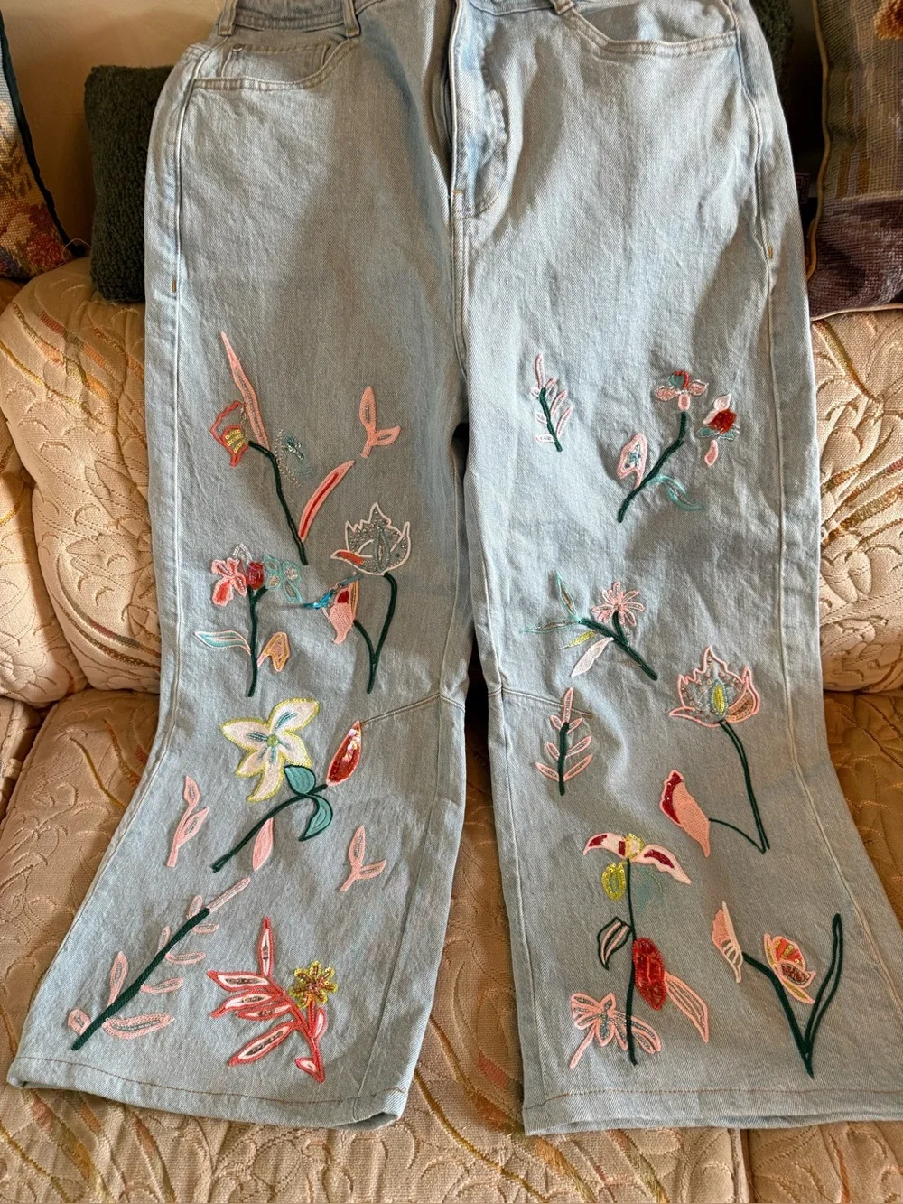 Anthropologie Pilcro Wash Embroidered Floral Wide-Leg Jeans - Light Blue